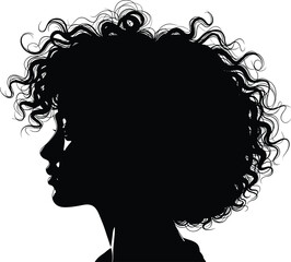 Elegant silhouette of curly haired woman, black and white vector illustration, isolated design for beauty, fashion, hairstyle, feminine artwork themes
