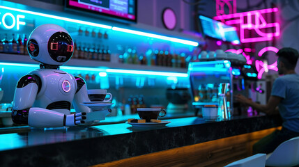 Advanced AI robot bartender serving customers in modern automated cafe demonstrating future workplace automation and artificial intelligence integration. Futuristic AGI worker