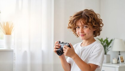 Young boy smiling while holding a camera in a bright room