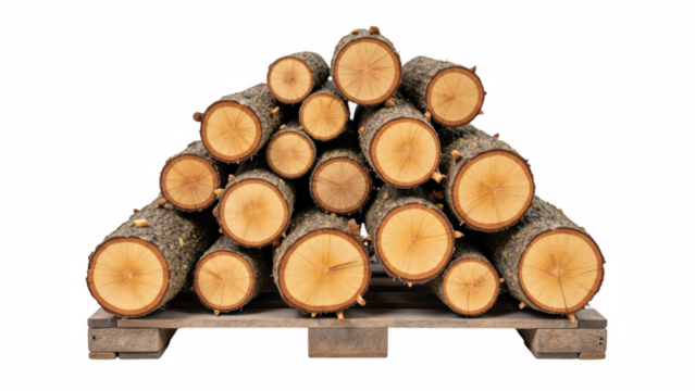 Stacked logs on wooden pallet, showcasing natural wood grain and circular cross sections, perfect for rustic decor or firewood