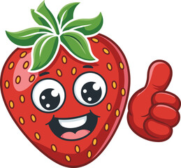 Fototapeta premium Cute cartoon strawberry with chocolate topping, happy fruit character illustration, fun vector mascot design for kids, dessert-themed food clipart