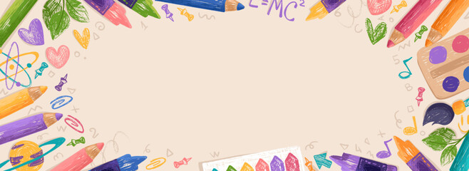 Colorful Back to school background with doodles drawn by colorful crayons. Childlike border frame with pencils and school supplies on paper. Vector illustration for certificate, diploma, poster