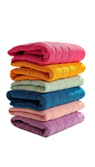 Stack of colorful blankets on a clean white background for home decor and comfort
