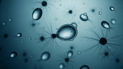 Microscopic Wonders: Artistically captured droplets of water, each adorned with intricate details and delicate tendrils, appear suspended in an ethereal aquatic world.