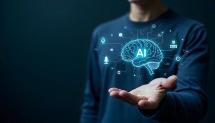 Person Holding Graphic of AI Brain Concept with Technology Symbols on Dark Background