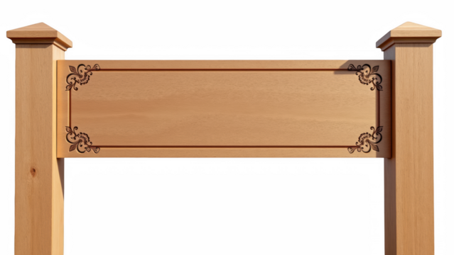 Elegant wooden signboard with decorative carvings, perfect for customization or branding. Ideal for rustic settings or personalized messages