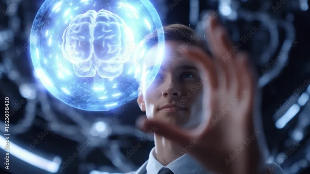 Poster mind of innovation: a forward-thinking individual interacts with a holographic representation of a b