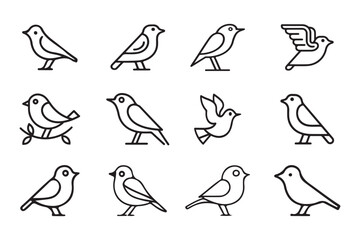 set of bird outline icons vector line art illustration on white background