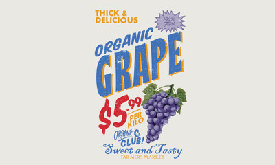 Local farmer markets. Grape fruit artwork. Fresh grapes fruit print. Nature watercolor design. Fresh food artwork for for t shirt. Always organic. Summer food poster design.