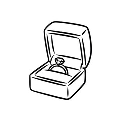 Hand drawn illustration of an engagement ring in an open box