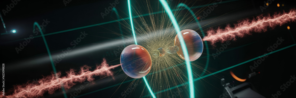 Poster atomic orbit in the dark: abstract and dynamic illustration of a simulated atomic orbit, featuring t