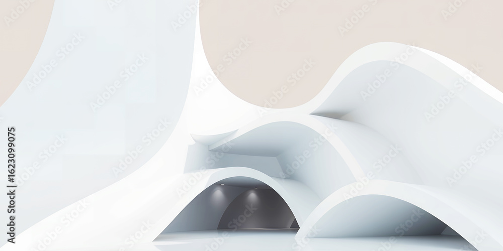Poster abstract architecture with white curved walls and a dark tunnel like entrance way view