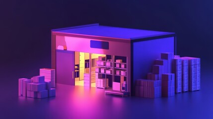 Warehouse building with stacked boxes in vibrant lighting.