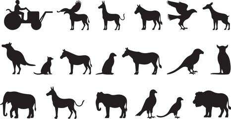 A black vector collection of wild and farm animal silhouettes, including horses, cows, dogs, cats, deer, tigers, and elephants