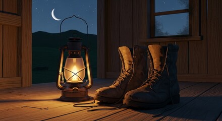 Rustic lantern glows beside worn boots on porch under crescent moon at nightfall