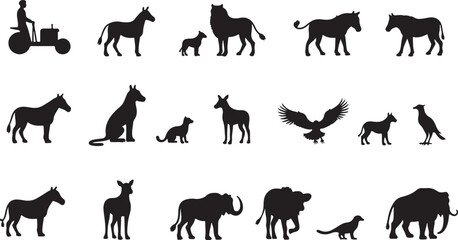 A set of running horse and other animal silhouettes in a vector illustration
