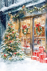 A Christmas tree stands in front of the store, Christmas decorations adorn the windows and door, red gift boxes are displayed outside the shop window