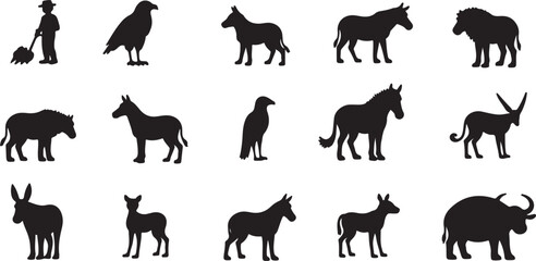 A vector illustration set of black animal silhouettes featuring farm and wild mammals