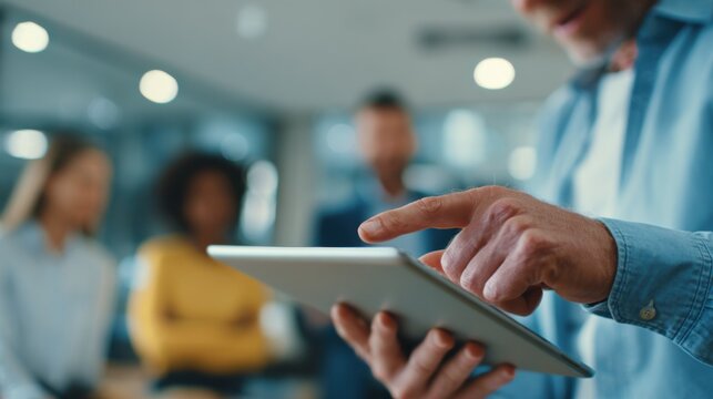 Medium shot of a mentor pointing at key leancanvas elements on a tablet focused on the device with the corporate incubator team collaborating in soft focus behind highlighting