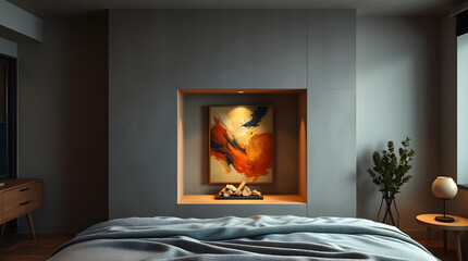 Modern Bedroom Interior with Wooden Accents and Artistic Decor