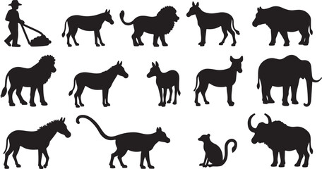 A diverse collection of black vector silhouettes of farm animals, including horses, cows, and goats