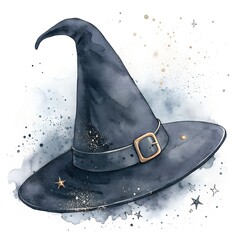 Dark and mystical black witch hat adorned with stars and magic elements in a watercolor style illustration