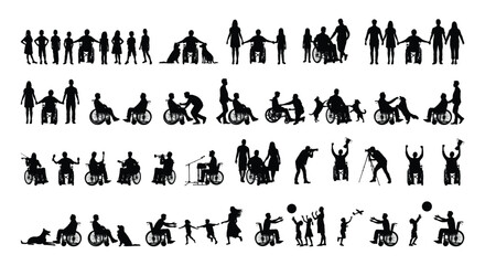 Sihouettes set of group of disabled person in wheelchair with different activities various poses graphic flat vector collection.
