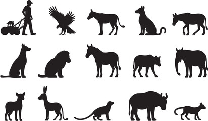 Vector silhouette set of running wild animals including horse, elephant, and tiger