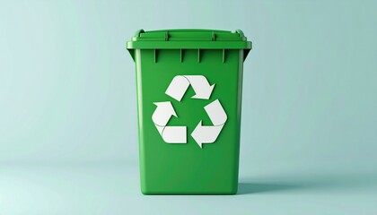 Green recycling bin on light teal background