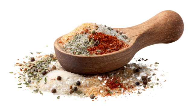 Wooden spoon filled with spice blend herbs and salt