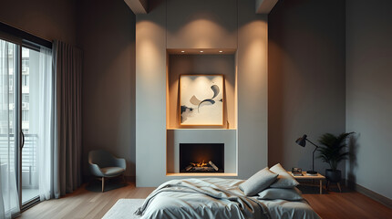 Modern Bedroom Interior with Wooden Accents and Artistic Decor