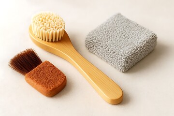 Three Cleaning Tools Arranged On Beige Fabric Surface