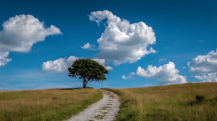 Obraz premium Single Tree on a Path Leading to a Vibrant Blue Sky with Fluffy White Clouds.