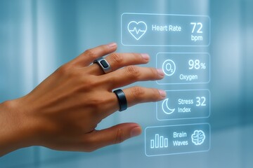 Futuristic health tracker ring with biometric data projections of pulse, sleep score, and stress index on a digital blue background symbolizing wellness tech and personal monitoring
