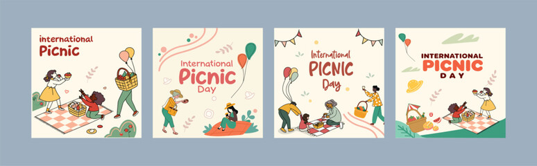 Obraz premium International Picnic Day Illustration Set – Colorful Outdoor Vector Art with Food, Baskets, People, Balloons, Pizza, Sandwiches, Fruits, and Summer Festival Picnic Elements