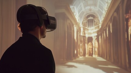 Person wearing virtual reality headset experiences virtual historical architecture.