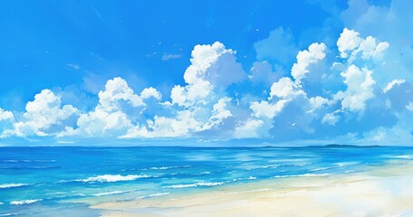 A serene beach scene with vibrant blue skies and fluffy clouds over calm ocean waters.
