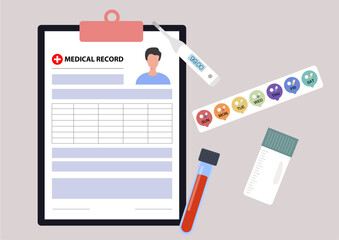 detailed arrangement medical lab samples clipboard featuring patient information thermometer highlighting crucial elements health assessments
