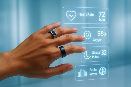 Futuristic health tracker ring with biometric data projections of pulse, sleep score, and stress index on a digital blue background symbolizing wellness tech and personal monitoring