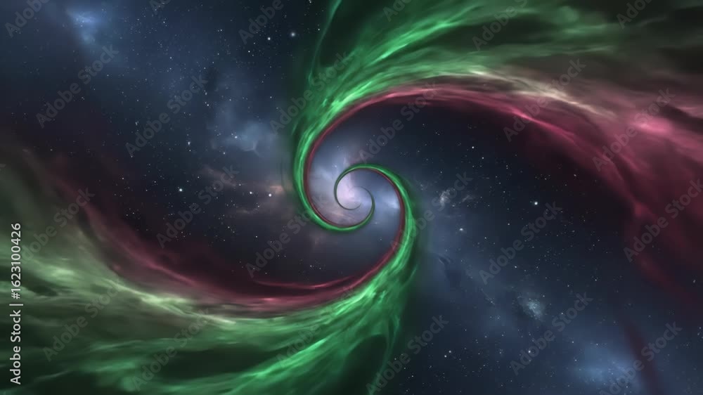 Poster abstract spiral galaxy background with green and red nebula clouds. cosmic swirl effect with deep sp