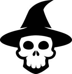 Skull with Witch Hat Silhouette Vector Black and White