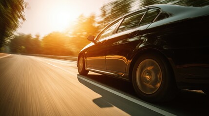 Fototapeta premium A car speeds down a sunlit highway, capturing the essence of freedom and motion.