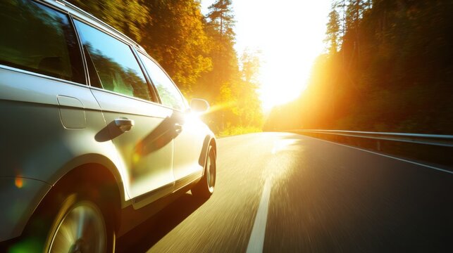 A car speeds down a sunlit highway, capturing the essence of freedom and motion.