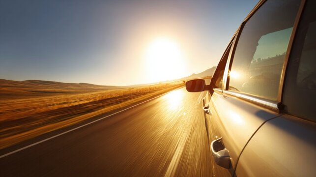 A car speeds down a sunlit highway, capturing the essence of freedom and motion.