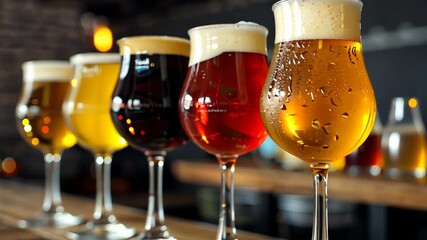 Guests enjoy a variety of craft beers, showcasing different colors and flavors, while socializing at a bustling brewery