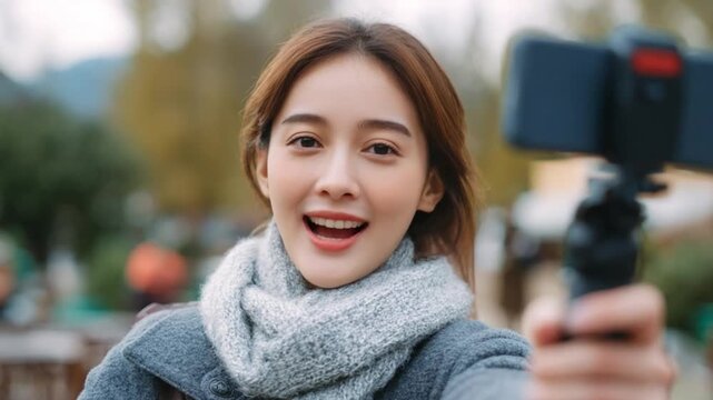 Content Creator's Expression: A young content creator, with a warm smile, captivates the audience through a front-facing camera, capturing an authentic moment. 