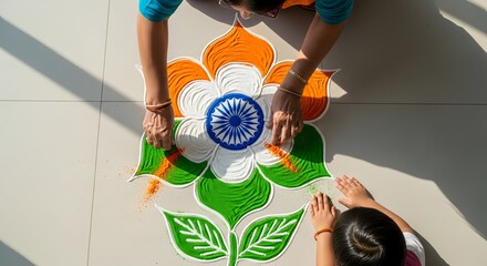 Mother and child create vibrant Rangoli art together celebrating Indian culture today