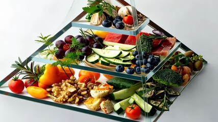 Fresh fruits, vegetables, nuts, and fish are artfully arranged in a pyramid shape, highlighting the essentials of a balanced diet