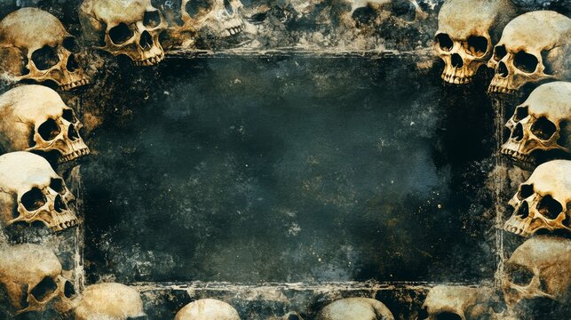 Dark background framed by human skulls, leaving a central space for text or design.