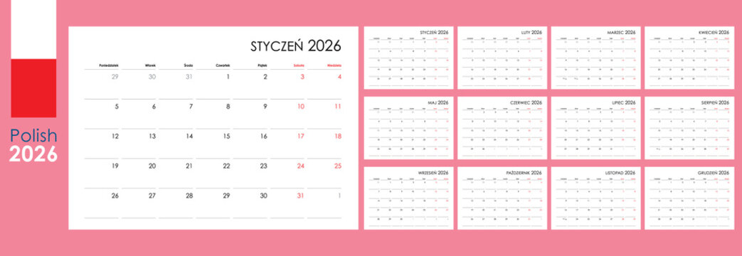 Polish Calendar Planner for 2026 Annual 12 Cards 